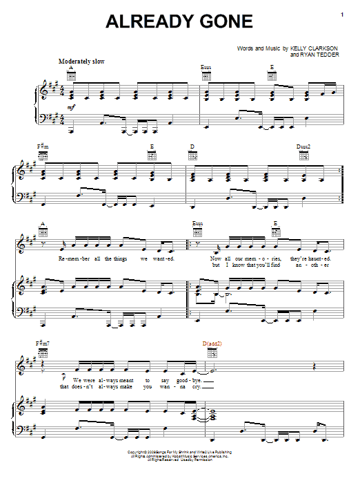 Download Kelly Clarkson Already Gone Sheet Music and learn how to play Lyrics & Chords PDF digital score in minutes