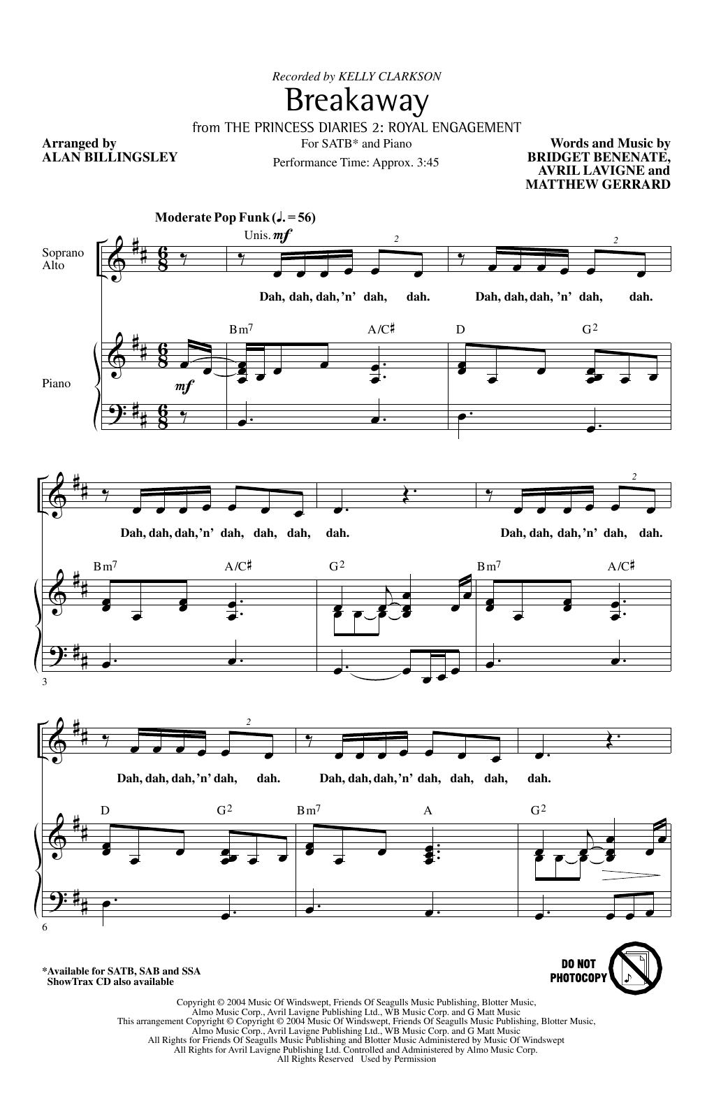 Download Kelly Clarkson Breakaway (arr. Alan Billingsley) Sheet Music and learn how to play SSA Choir PDF digital score in minutes