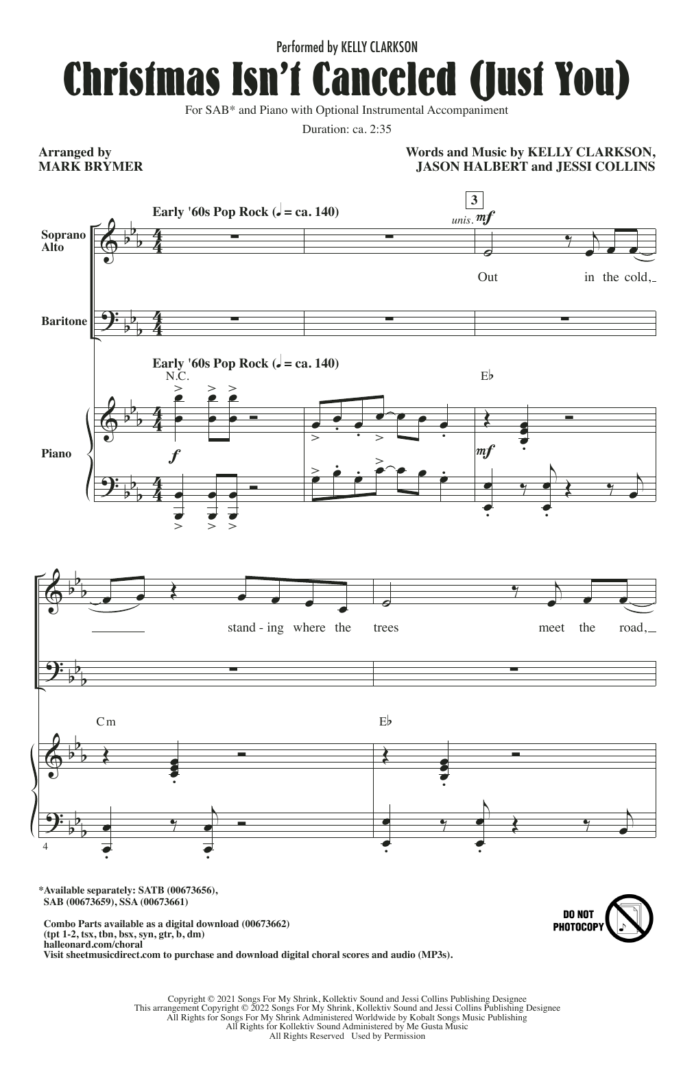 Download Kelly Clarkson Christmas Isn't Canceled (Just You) (arr. Mark Brymer) Sheet Music and learn how to play SSA Choir PDF digital score in minutes