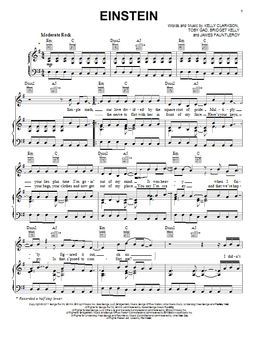 Download Kelly Clarkson Einstein Sheet Music and learn how to play Piano, Vocal & Guitar (Right-Hand Melody) PDF digital score in minutes