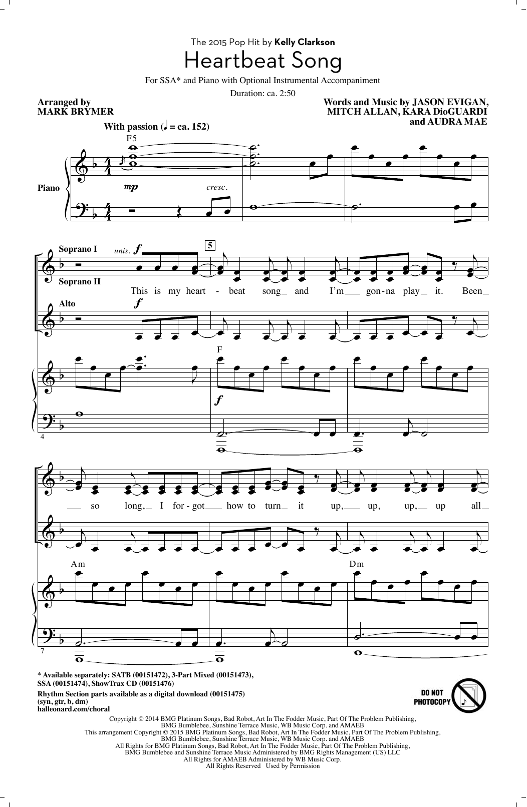 Download Kelly Clarkson Heartbeat Song (arr. Mark Brymer) Sheet Music and learn how to play SSA PDF digital score in minutes