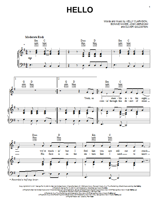 Download Kelly Clarkson Hello Sheet Music and learn how to play Piano, Vocal & Guitar (Right-Hand Melody) PDF digital score in minutes