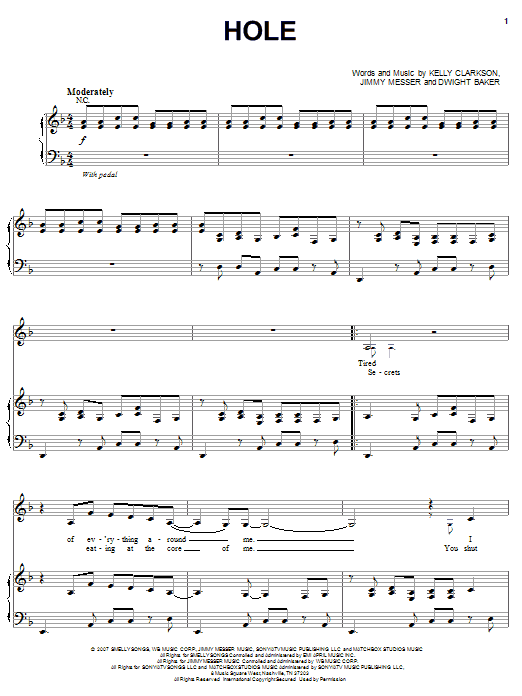 Download Kelly Clarkson Hole Sheet Music and learn how to play Piano, Vocal & Guitar (Right-Hand Melody) PDF digital score in minutes
