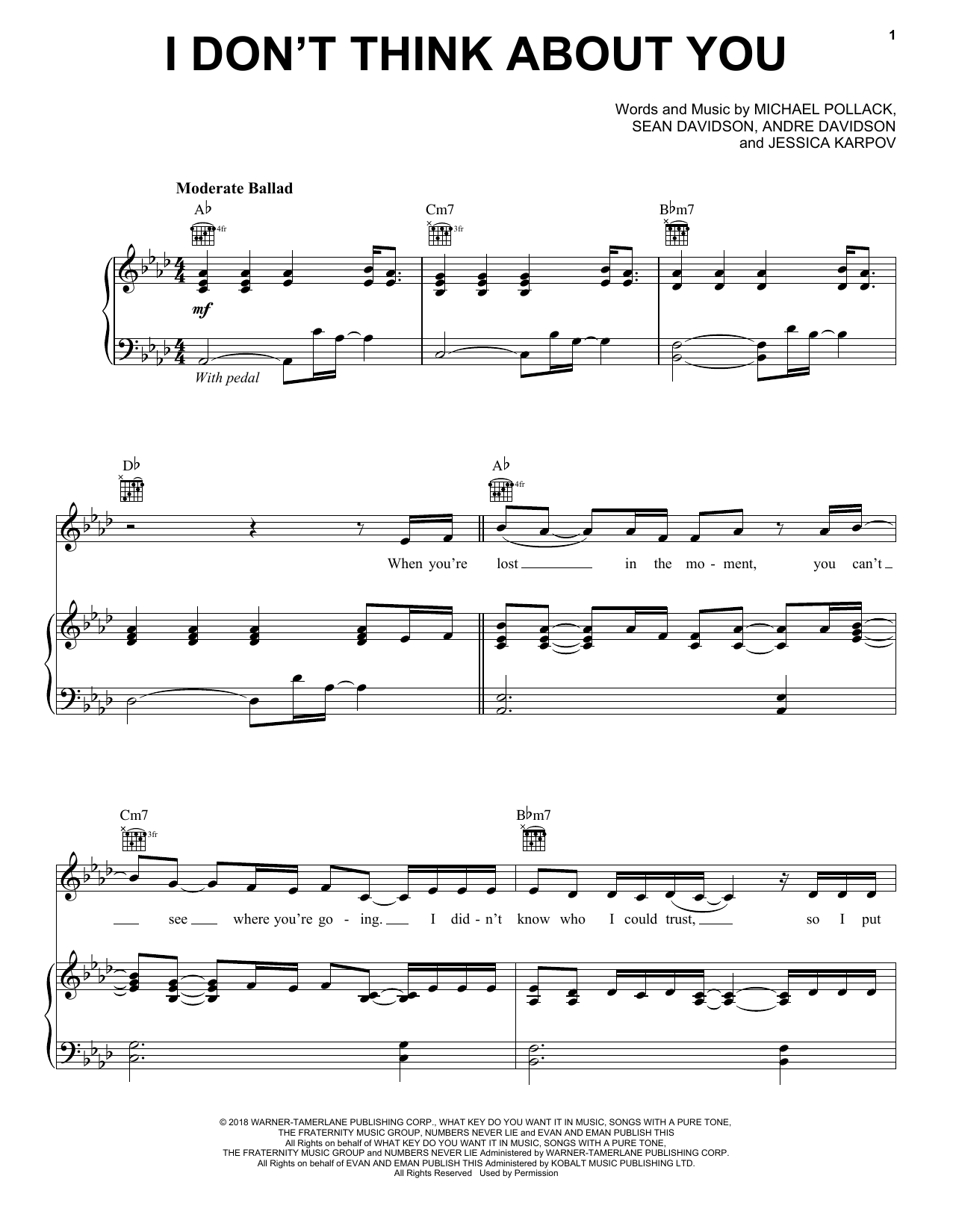 Download Kelly Clarkson I Don't Think About You Sheet Music and learn how to play Piano, Vocal & Guitar Chords (Right-Hand Melody) PDF digital score in minutes