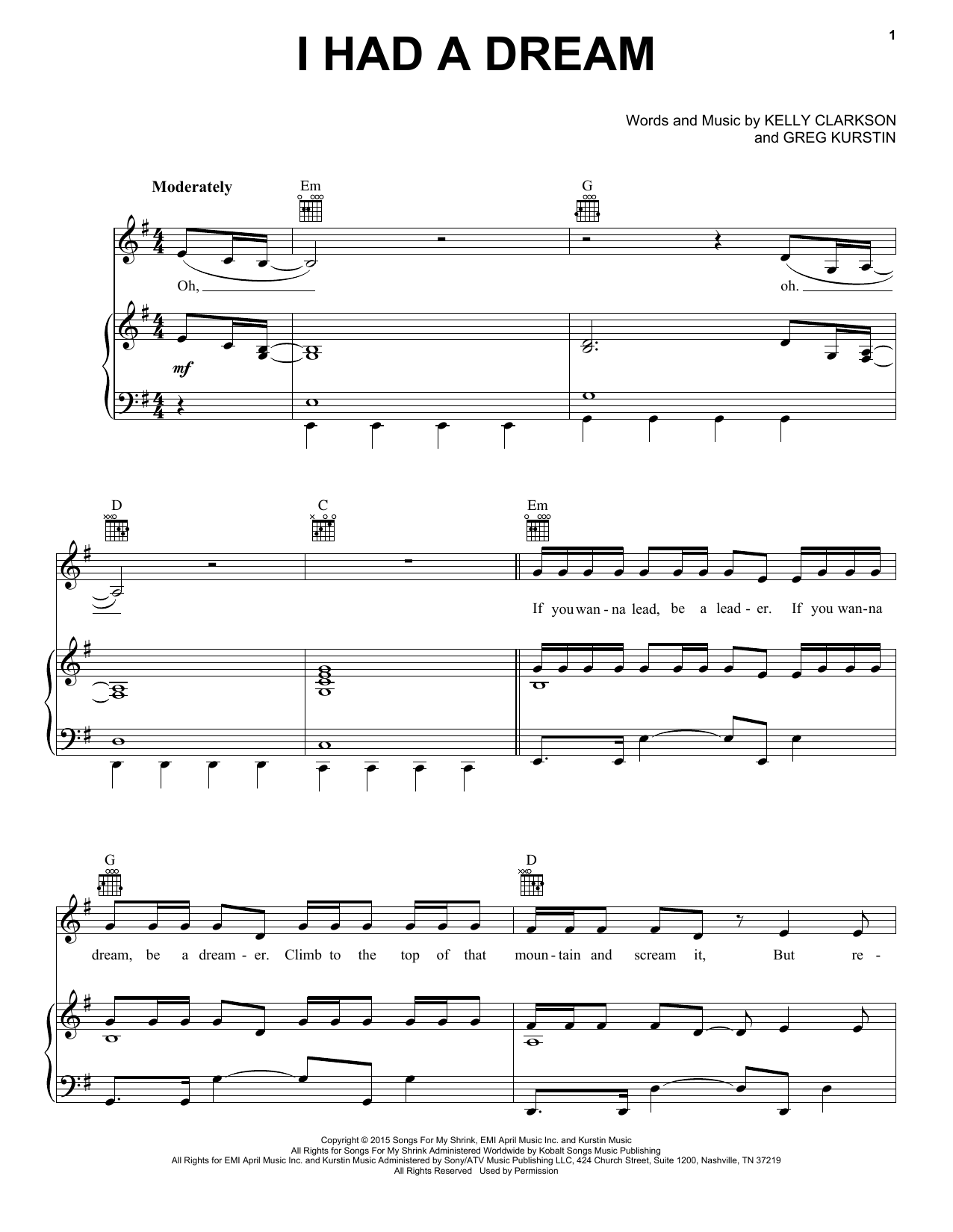 Download Kelly Clarkson I Had A Dream Sheet Music and learn how to play Piano, Vocal & Guitar (Right-Hand Melody) PDF digital score in minutes