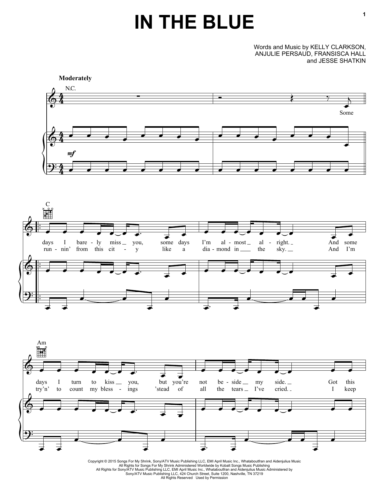 Download Kelly Clarkson In The Blue Sheet Music and learn how to play Piano, Vocal & Guitar (Right-Hand Melody) PDF digital score in minutes