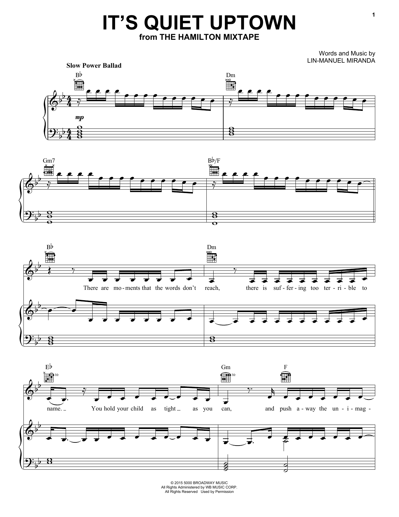 Download Lin-Manuel Miranda It's Quiet Uptown Sheet Music and learn how to play Piano, Vocal & Guitar (Right-Hand Melody) PDF digital score in minutes
