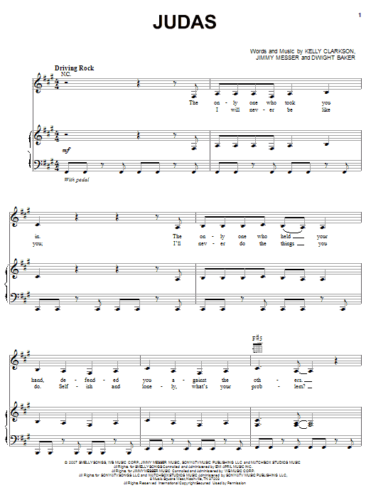 Download Kelly Clarkson Judas Sheet Music and learn how to play Piano, Vocal & Guitar (Right-Hand Melody) PDF digital score in minutes