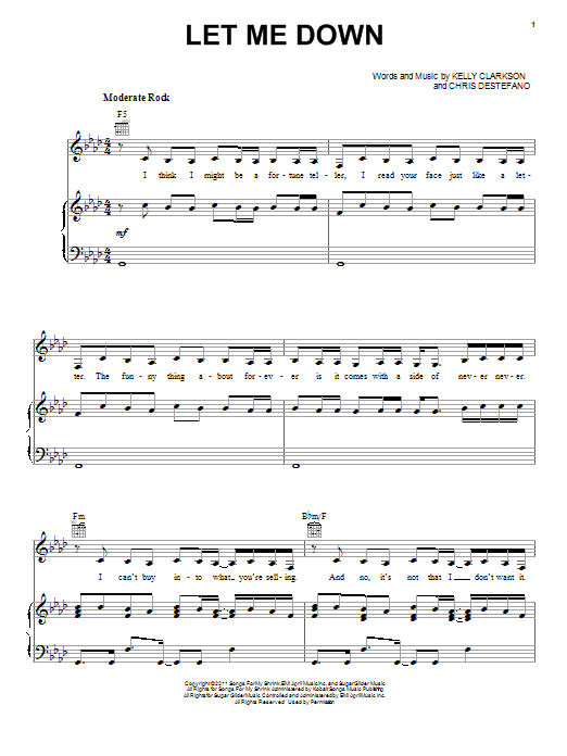 Download Kelly Clarkson Let Me Down Sheet Music and learn how to play Piano, Vocal & Guitar (Right-Hand Melody) PDF digital score in minutes