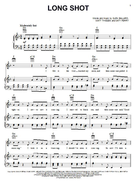 Download Kelly Clarkson Long Shot Sheet Music and learn how to play Piano, Vocal & Guitar (Right-Hand Melody) PDF digital score in minutes