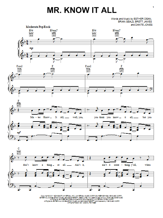 Download Kelly Clarkson Mr. Know It All Sheet Music and learn how to play Lyrics & Chords PDF digital score in minutes