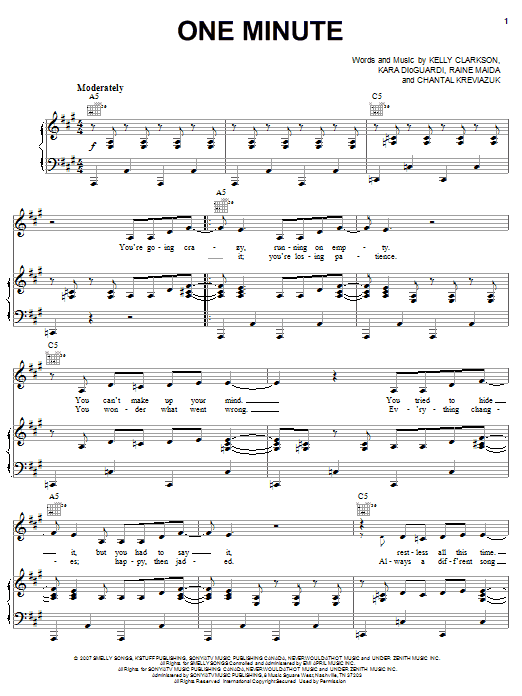 Download Kelly Clarkson One Minute Sheet Music and learn how to play Piano, Vocal & Guitar (Right-Hand Melody) PDF digital score in minutes