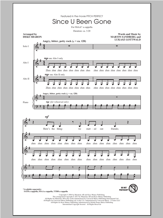 Download Pitch Perfect (Movie) Since U Been Gone (arr. Deke Sharon) Sheet Music and learn how to play SSA PDF digital score in minutes