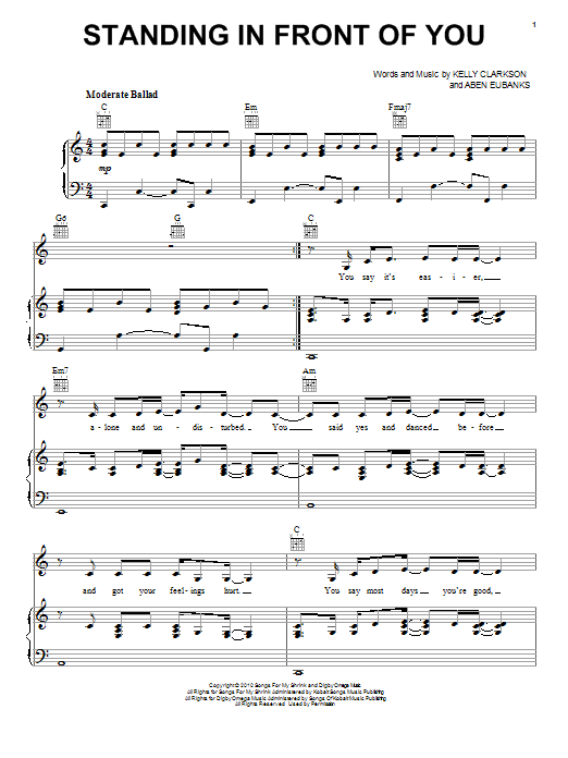 Download Kelly Clarkson Standing In Front Of You Sheet Music and learn how to play Piano, Vocal & Guitar (Right-Hand Melody) PDF digital score in minutes