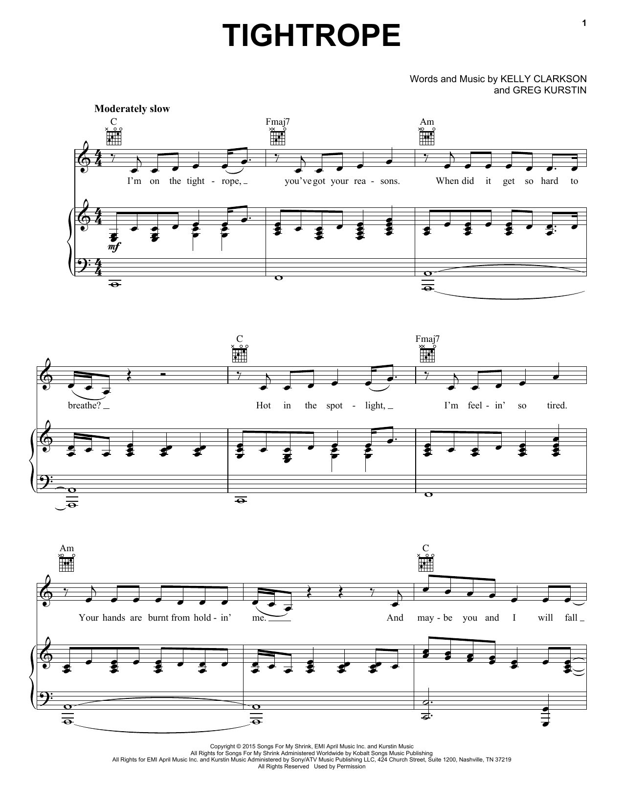 Download Kelly Clarkson Tightrope Sheet Music and learn how to play Piano, Vocal & Guitar (Right-Hand Melody) PDF digital score in minutes