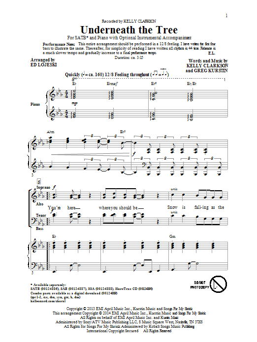 Download Kelly Clarkson Underneath The Tree (arr. Ed Lojeski) Sheet Music and learn how to play SSA PDF digital score in minutes