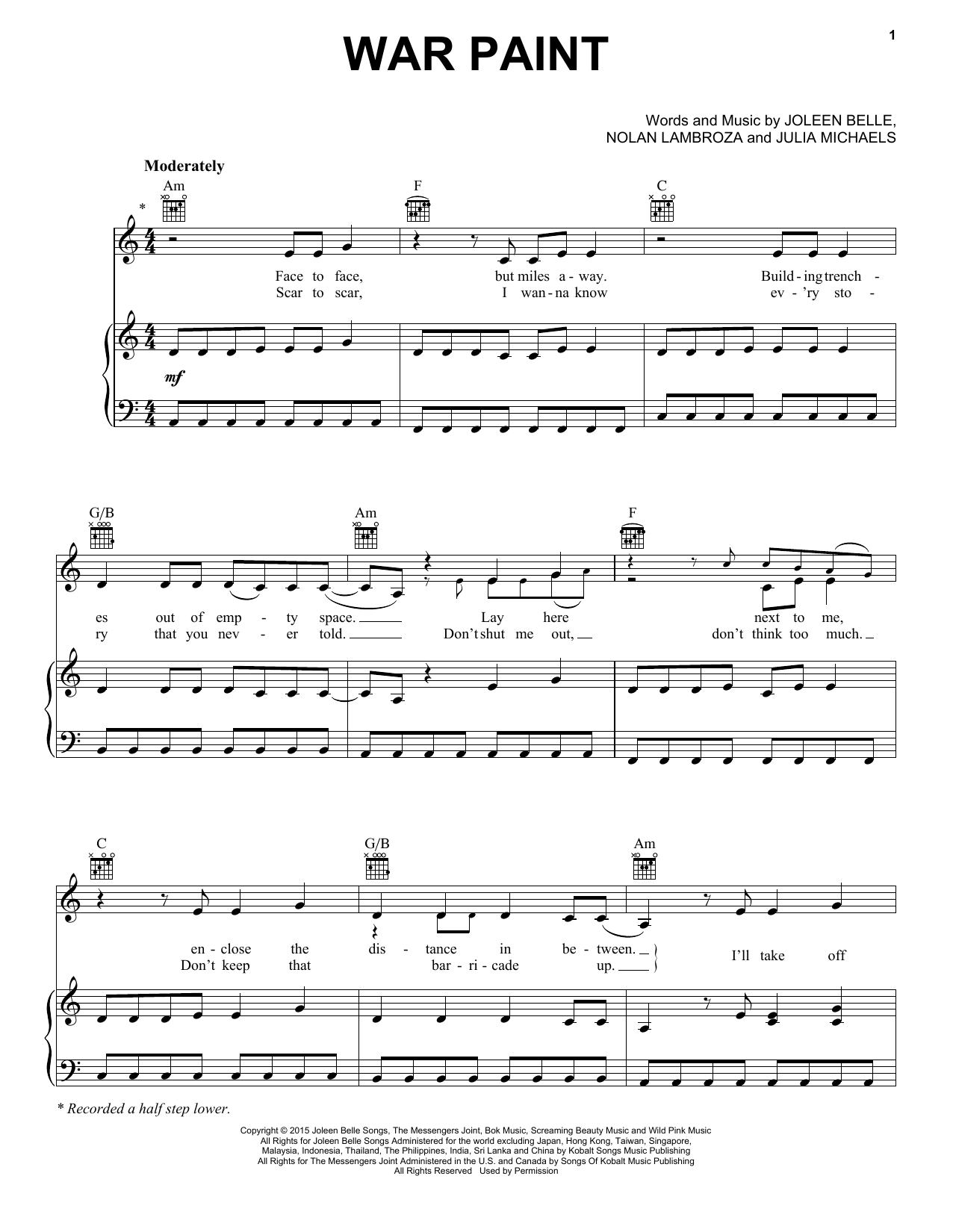 Download Kelly Clarkson War Paint Sheet Music and learn how to play Piano, Vocal & Guitar (Right-Hand Melody) PDF digital score in minutes