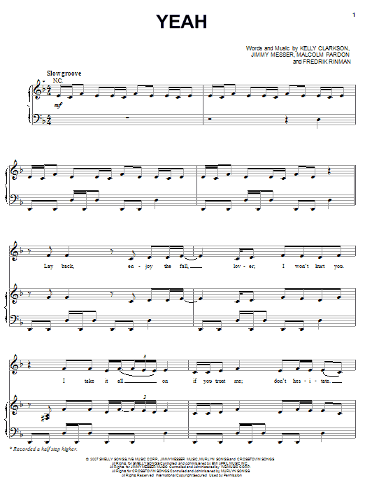 Download Kelly Clarkson Yeah Sheet Music and learn how to play Piano, Vocal & Guitar (Right-Hand Melody) PDF digital score in minutes