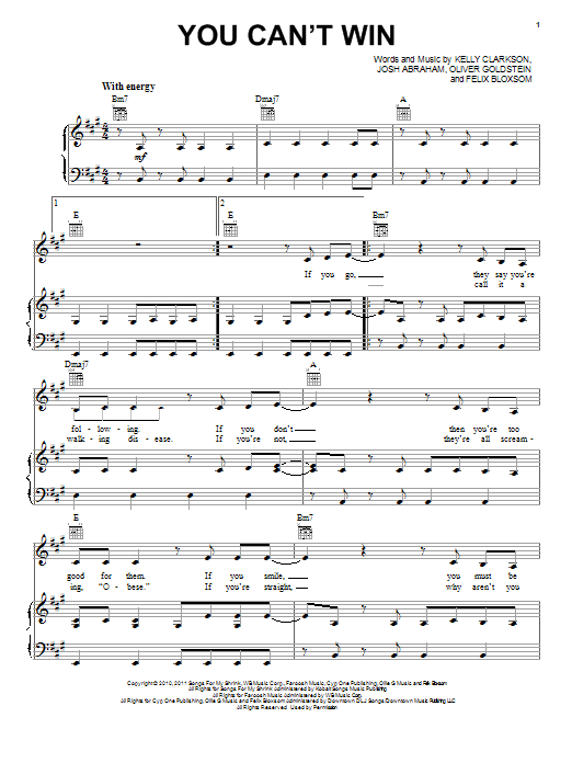 Download Kelly Clarkson You Can't Win Sheet Music and learn how to play Piano, Vocal & Guitar (Right-Hand Melody) PDF digital score in minutes
