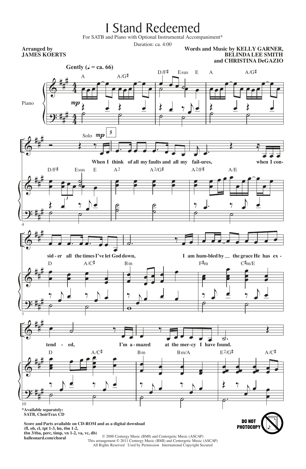 Download Kelly Garner, Belinda Lee Smith & Christina DeGazio I Stand Redeemed (arr. James Koerts) Sheet Music and learn how to play SATB Choir PDF digital score in minutes