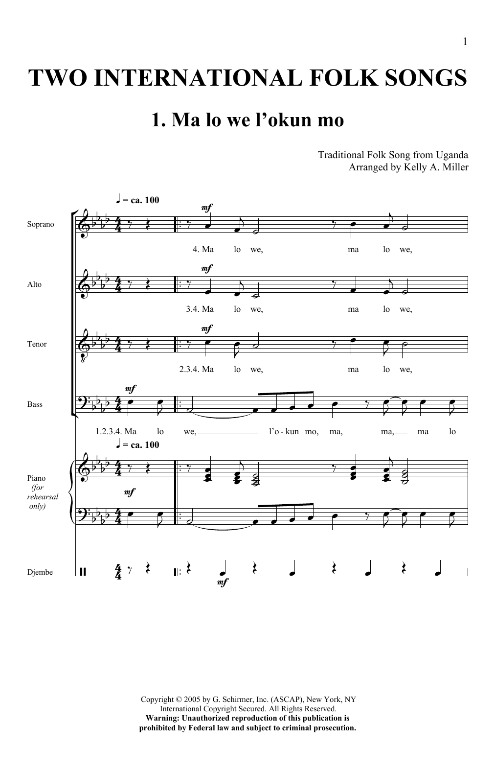 Download Kelly Miller Two International Folk Songs Sheet Music and learn how to play SATB PDF digital score in minutes