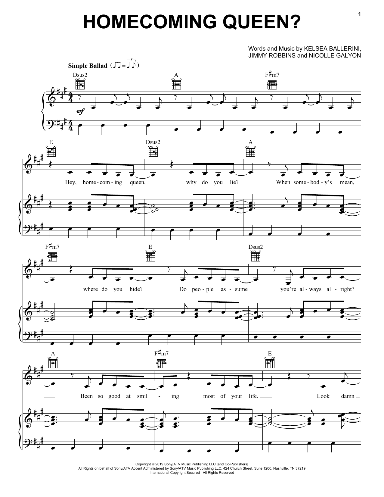 Download Kelsea Ballerini homecoming queen? Sheet Music and learn how to play Piano, Vocal & Guitar Chords (Right-Hand Melody) PDF digital score in minutes