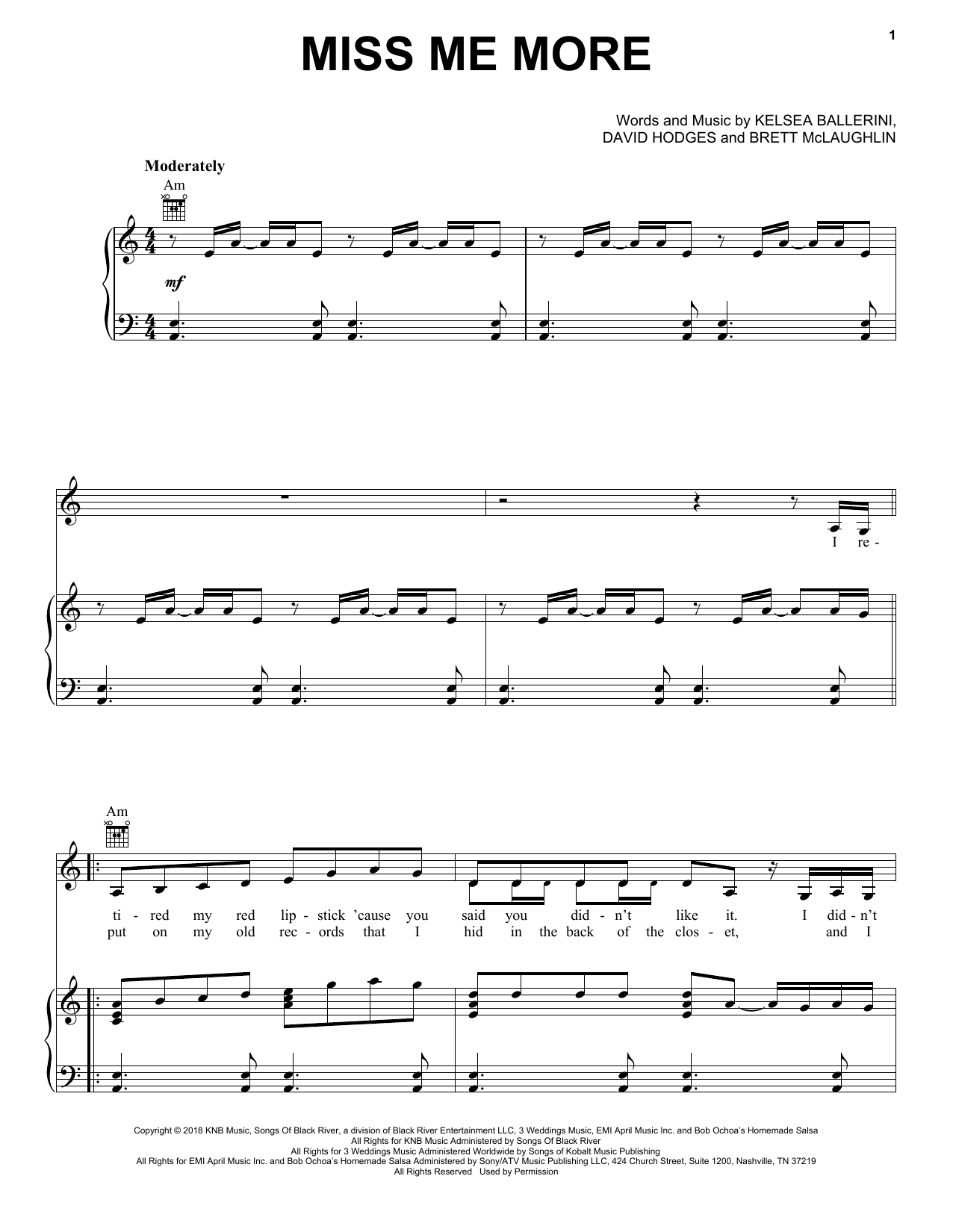 Download Kelsea Ballerini Miss Me More Sheet Music and learn how to play Piano, Vocal & Guitar Chords (Right-Hand Melody) PDF digital score in minutes