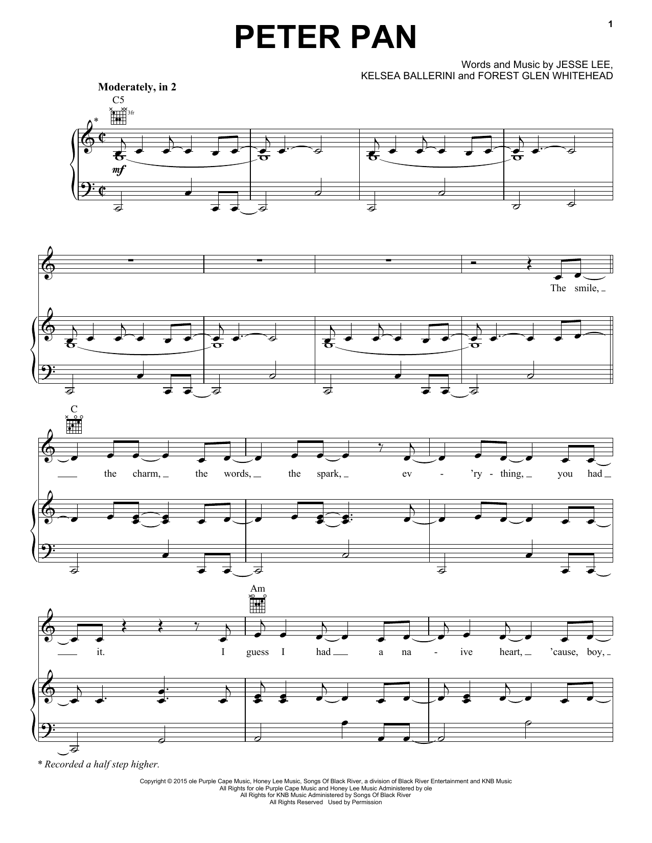 Download Kelsea Ballerini Peter Pan Sheet Music and learn how to play Piano, Vocal & Guitar (Right-Hand Melody) PDF digital score in minutes