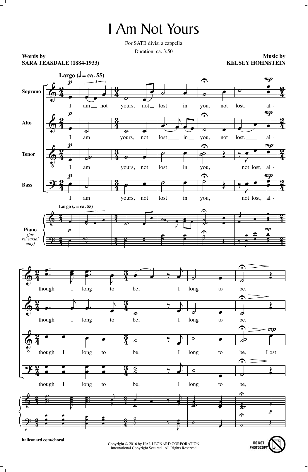 Download Kelsey Hohnstein I Am Not Yours Sheet Music and learn how to play SATB PDF digital score in minutes