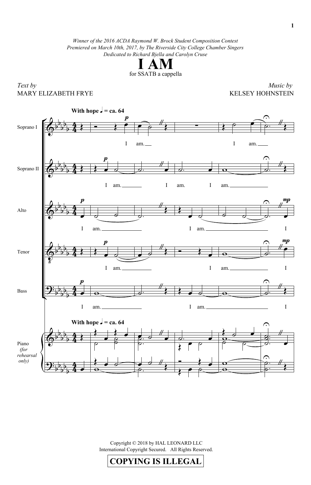 Download Kelsey Hohnstein I Am Sheet Music and learn how to play SATB PDF digital score in minutes