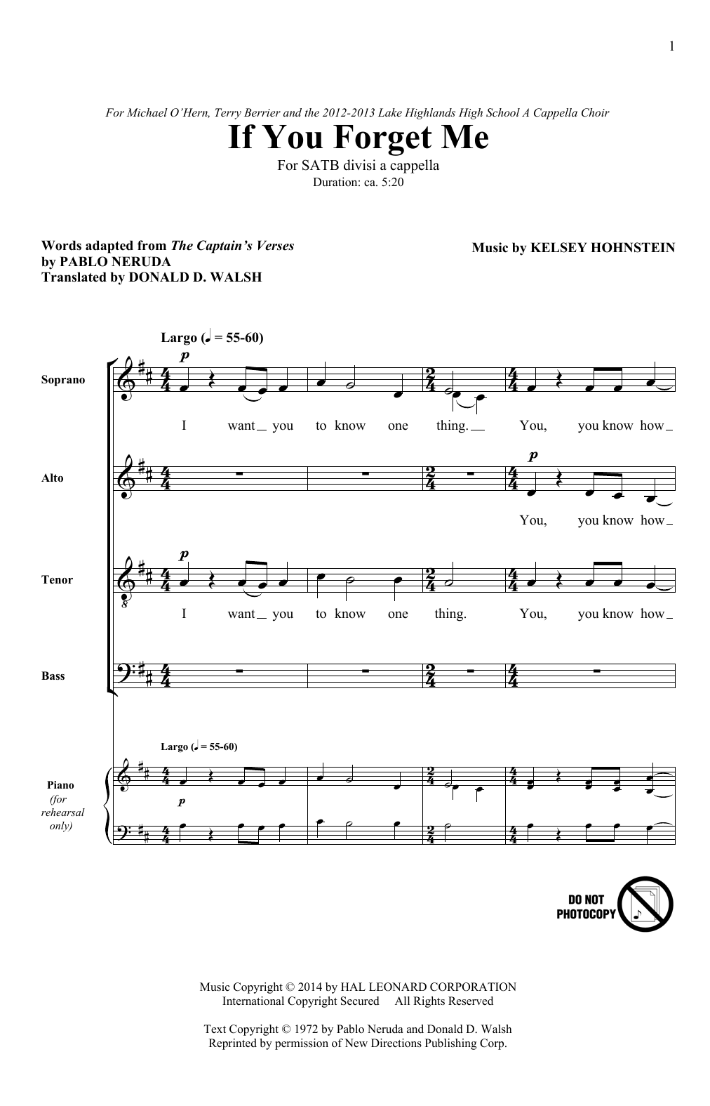 Download Kelsey Hohnstein If You Forget Me Sheet Music and learn how to play SATB PDF digital score in minutes