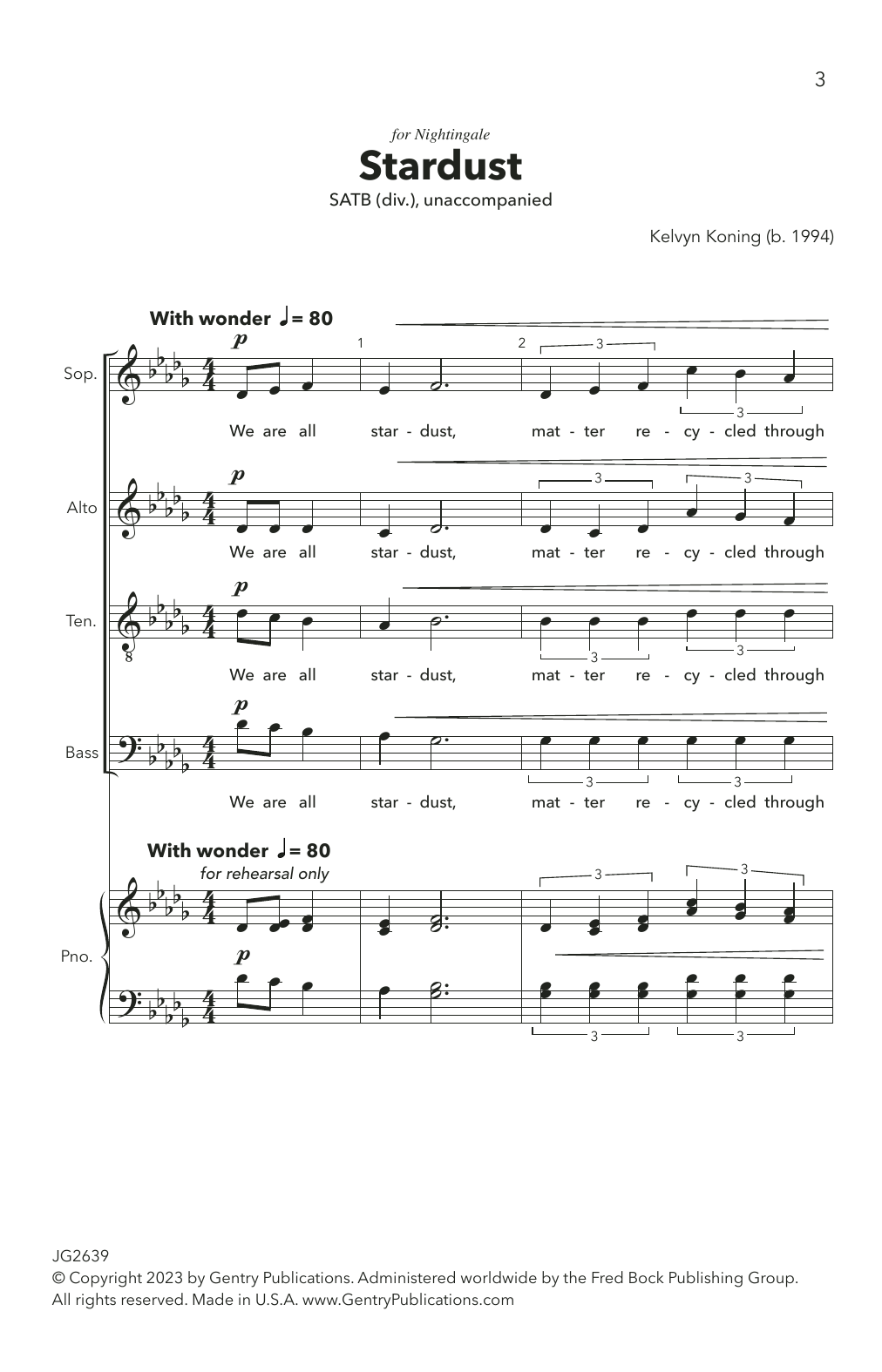 Download Kelvyn Koning Stardust Sheet Music and learn how to play SATB Choir PDF digital score in minutes