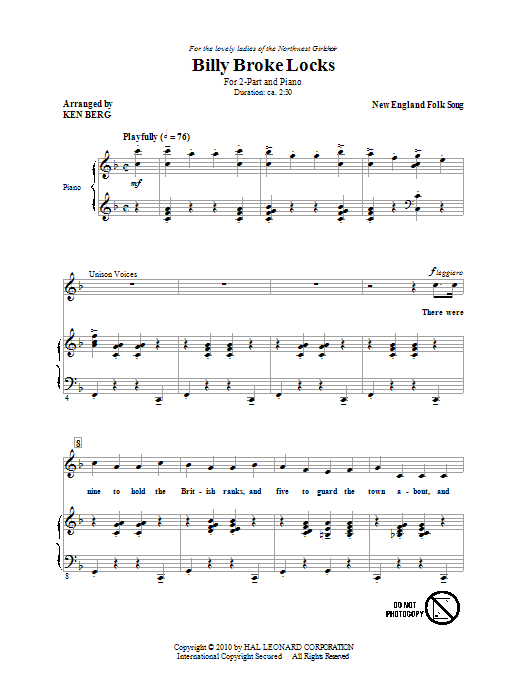Download Traditional Folksong Billy Broke Locks (arr. Ken Berg) Sheet Music and learn how to play 2-Part Choir PDF digital score in minutes