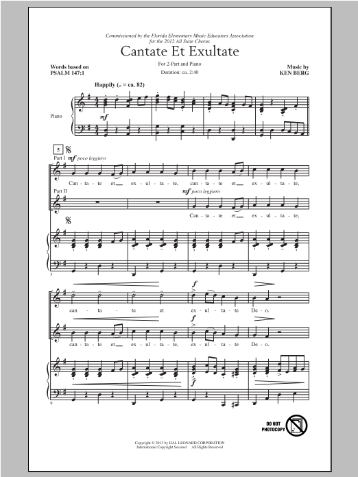 Download Ken Berg Cantate Et Exultate Sheet Music and learn how to play 2-Part Choir PDF digital score in minutes
