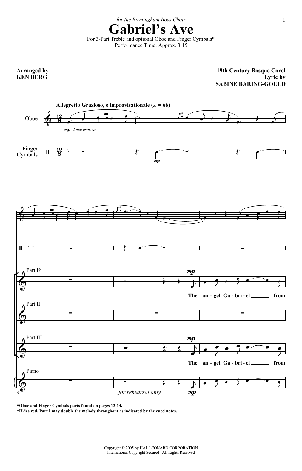 Download Ken Berg The Angel Gabriel Sheet Music and learn how to play 3-Part Treble PDF digital score in minutes