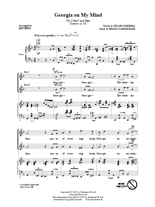 Download Ray Charles Georgia On My Mind (arr. Ken Berg) Sheet Music and learn how to play 2-Part Choir PDF digital score in minutes
