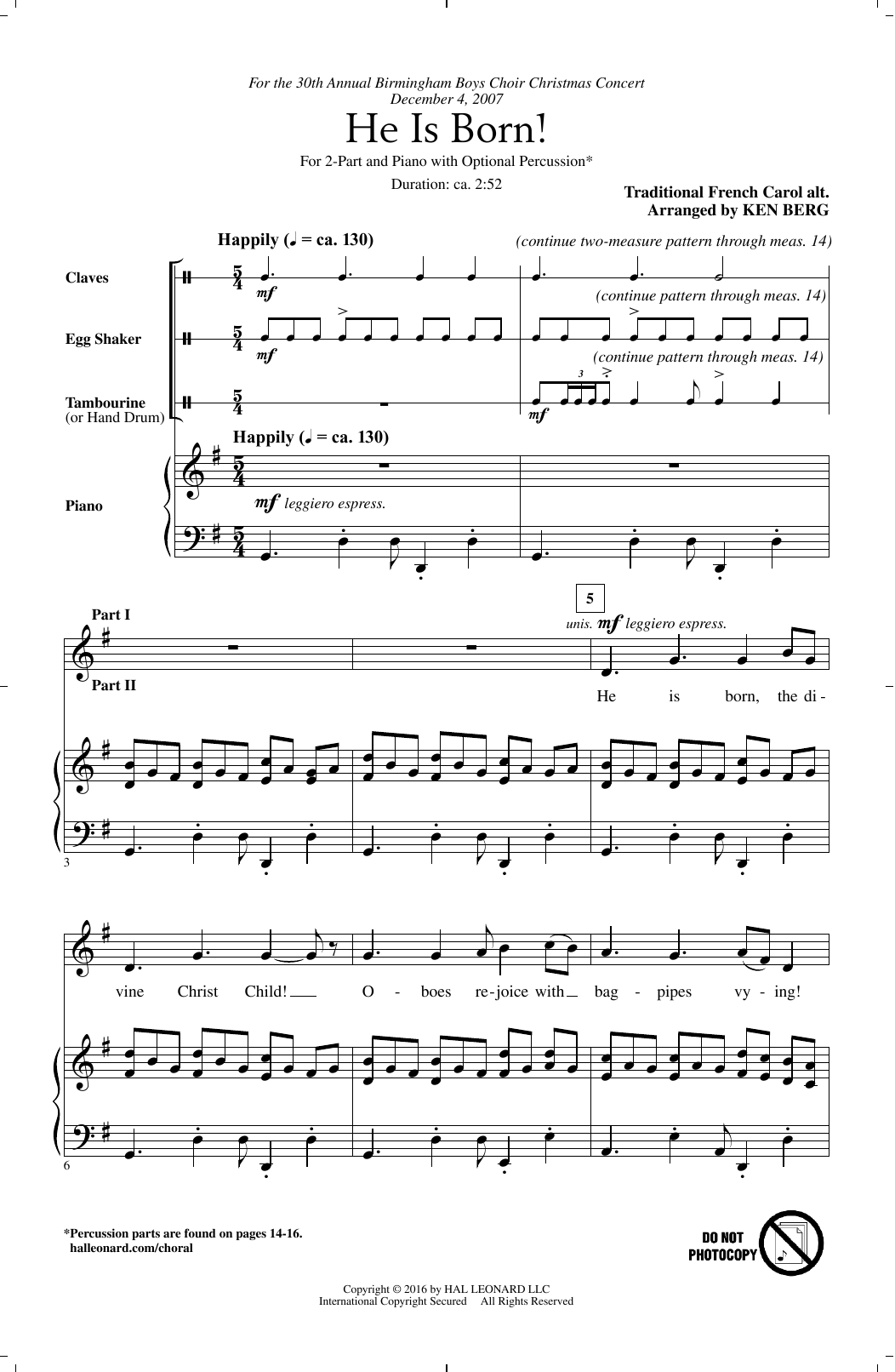 Download Ken Berg He Is Born! Sheet Music and learn how to play 2-Part Choir PDF digital score in minutes