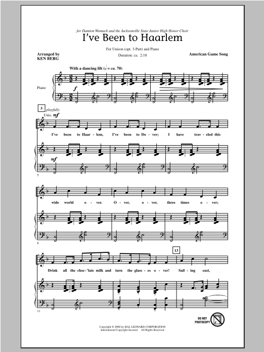 Download Traditional I've Been To Haarlem (arr. Ken Berg) Sheet Music and learn how to play Unison Voice PDF digital score in minutes