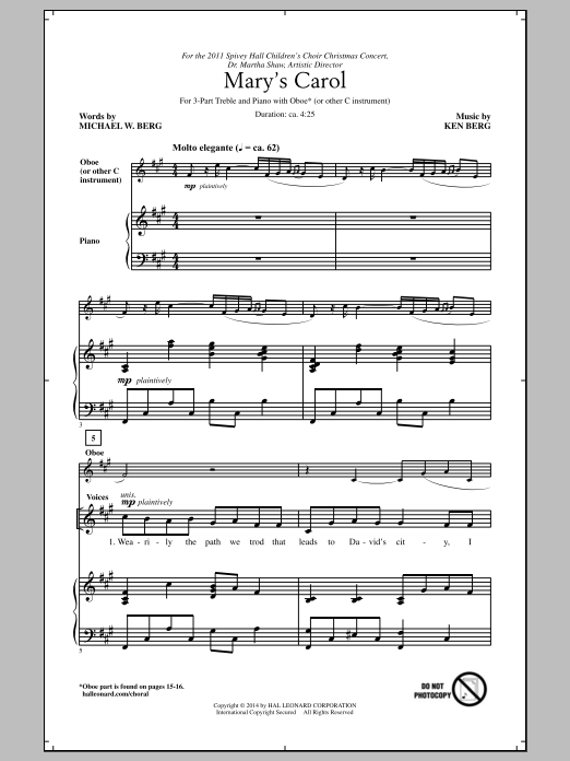 Download Ken Berg Mary's Carol Sheet Music and learn how to play 3-Part Treble PDF digital score in minutes