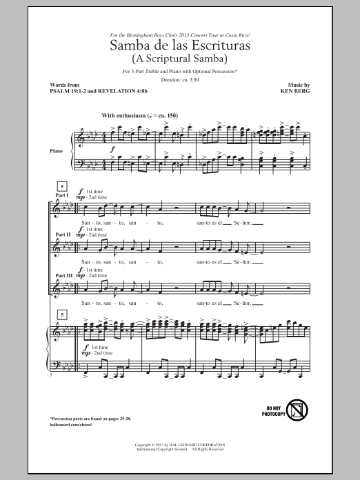 Download Ken Berg Samba De Las Escrituras Sheet Music and learn how to play 3-Part Treble PDF digital score in minutes