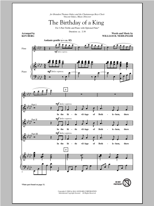 Download William H. Neidlinger The Birthday Of A King (arr. Ken Berg) Sheet Music and learn how to play 3-Part Treble PDF digital score in minutes