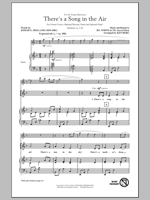 Download Ken Berg There's A Song In The Air Sheet Music and learn how to play Unison Voice PDF digital score in minutes
