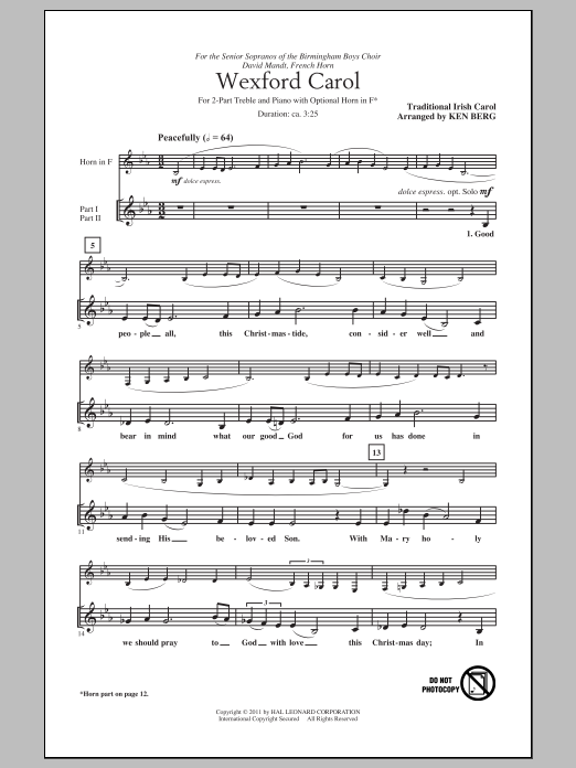 Download Ken Berg Wexford Carol Sheet Music and learn how to play 2-Part Choir PDF digital score in minutes