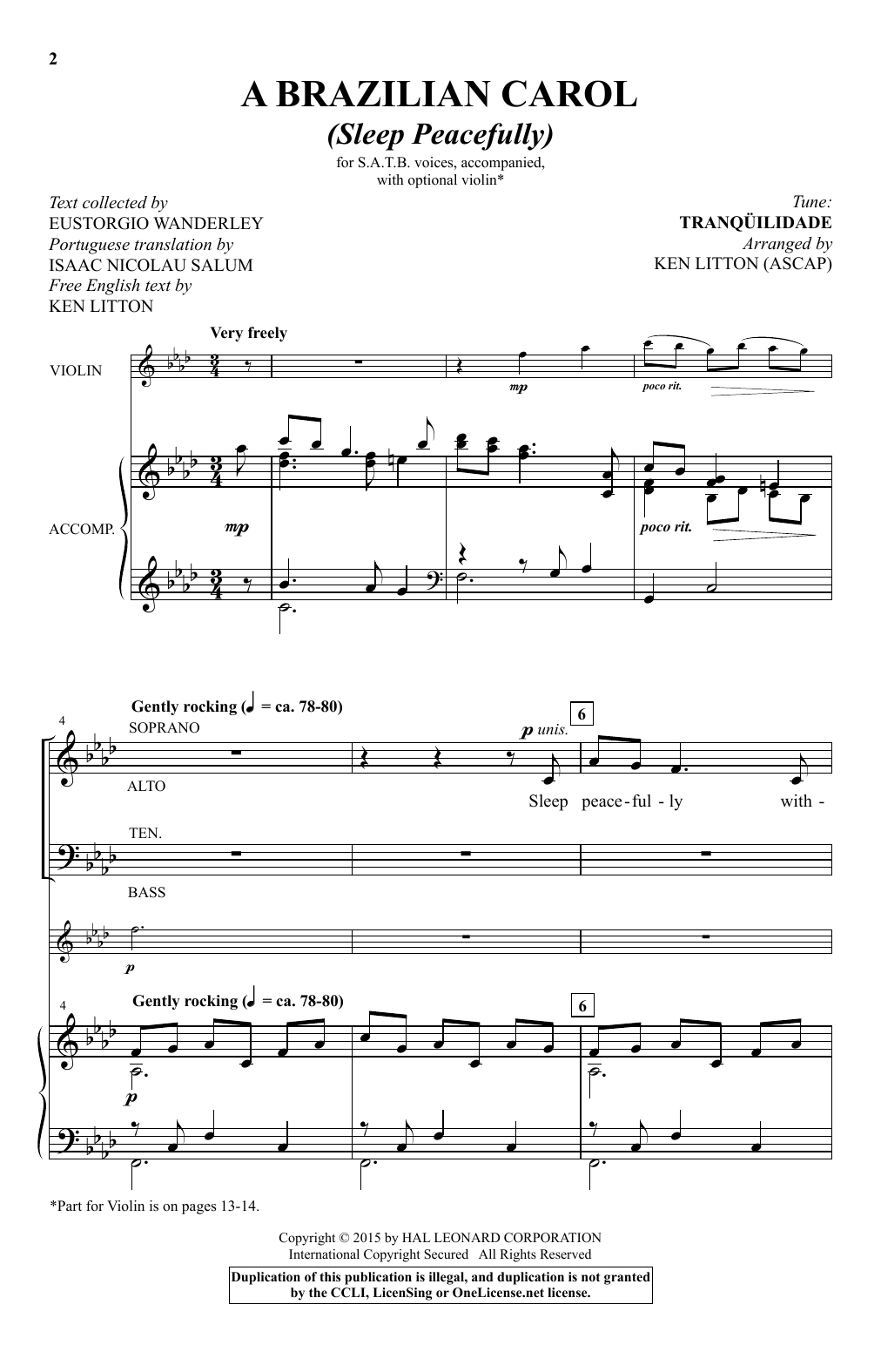 Download Traditional A Brazilian Carol (Sleep Peacefully) (arr. Ken Litton) Sheet Music and learn how to play SATB PDF digital score in minutes