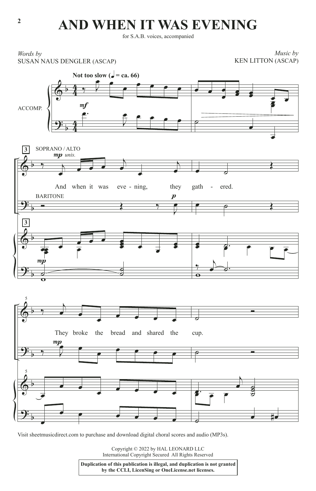Download Ken Litton And When It Was Evening Sheet Music and learn how to play SAB Choir PDF digital score in minutes