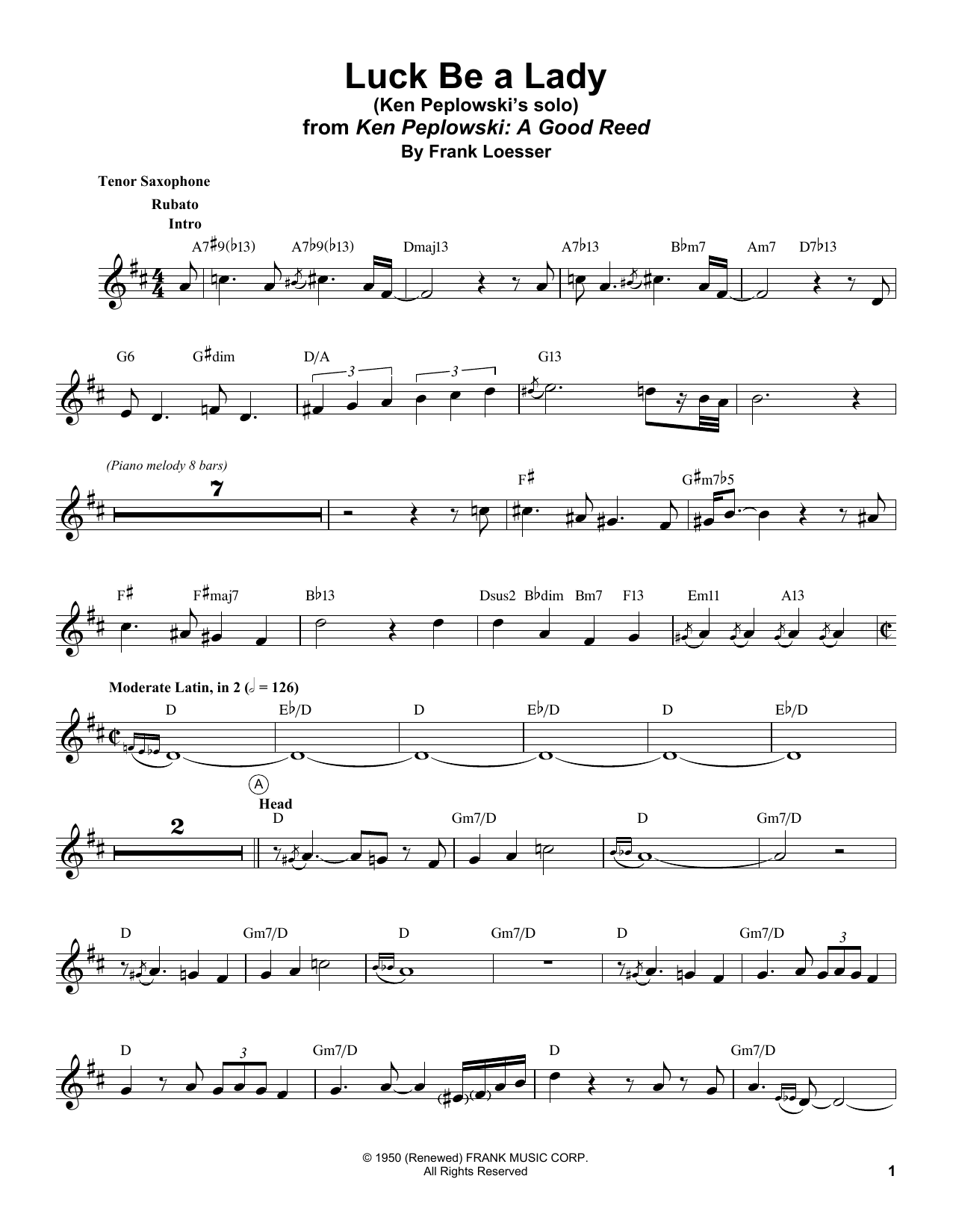 Download Ken Peplowski Luck Be A Lady Sheet Music and learn how to play Tenor Sax Transcription PDF digital score in minutes