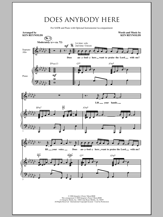 Download Ken Reynolds Does Anybody Here Sheet Music and learn how to play SATB Choir PDF digital score in minutes