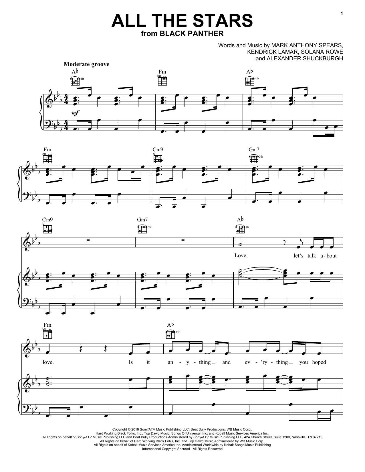 Download Kendrick Lamar and SZA All The Stars Sheet Music and learn how to play Piano, Vocal & Guitar (Right-Hand Melody) PDF digital score in minutes