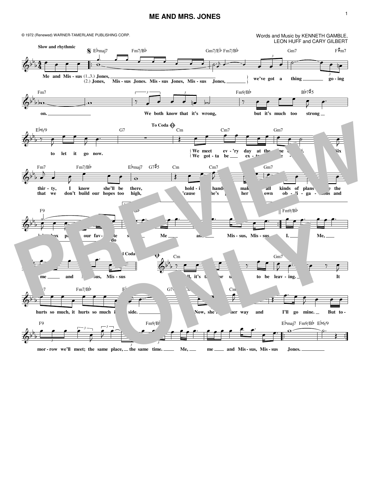 Download Kenneth Gamble Me And Mrs. Jones Sheet Music and learn how to play Melody Line, Lyrics & Chords PDF digital score in minutes