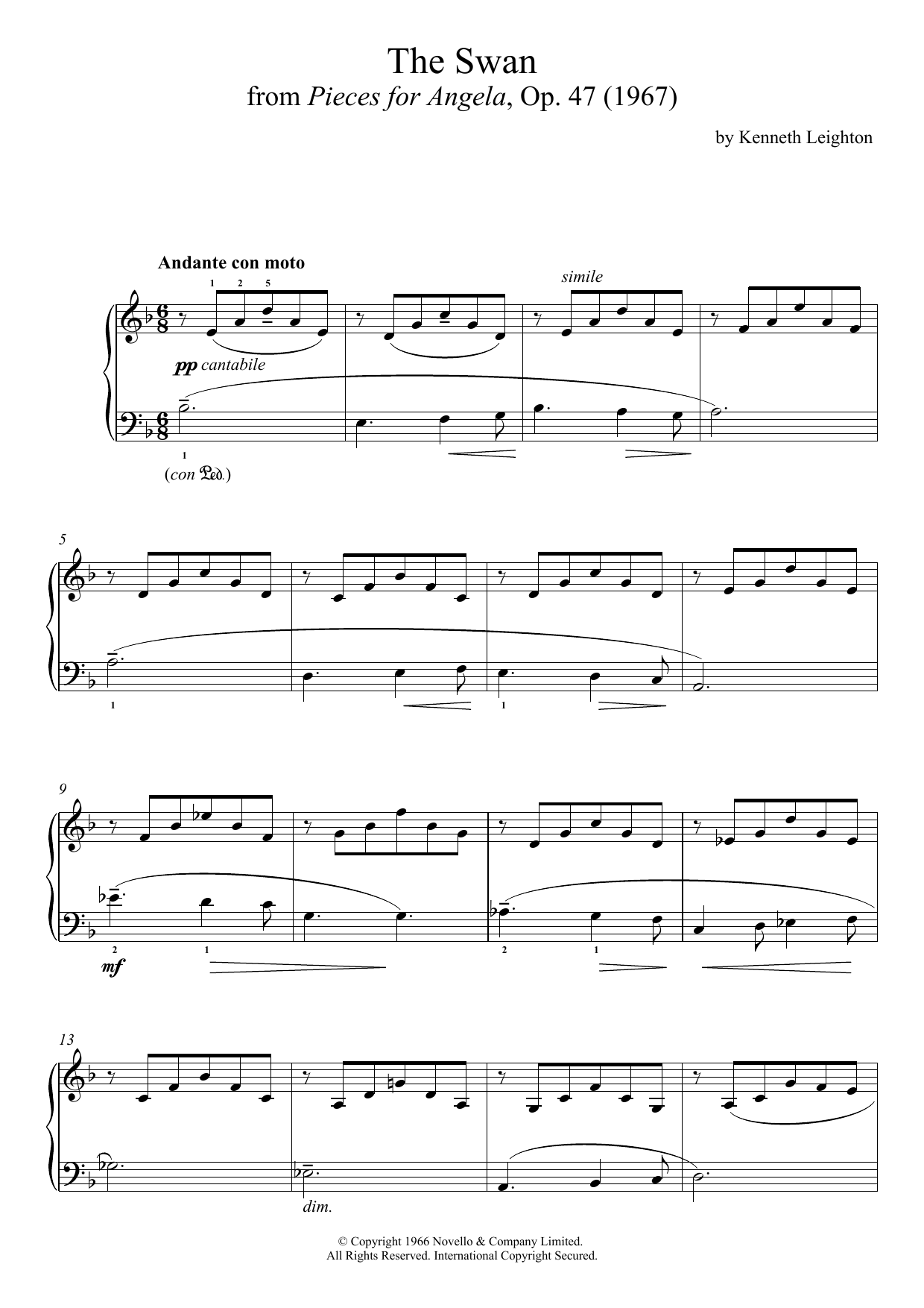 Download Kenneth Leighton The Swan (From Pieces For Angela) Sheet Music and learn how to play Piano PDF digital score in minutes